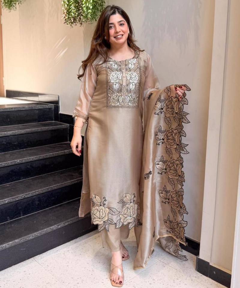 beige silk blend embroidered kurta set