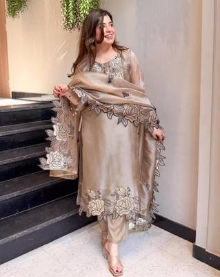 beige silk blend straight kurta set with thread work
 2