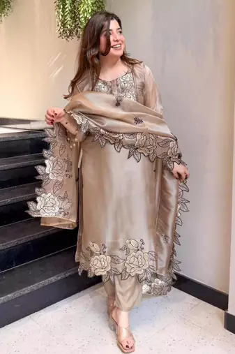beige silk blend straight kurta set with thread work