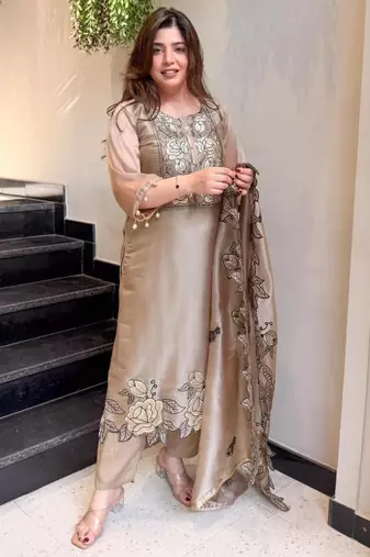 beige silk blend straight kurta set with thread work