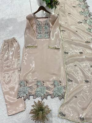 beige silk blend straight kurta set with thread work
 4