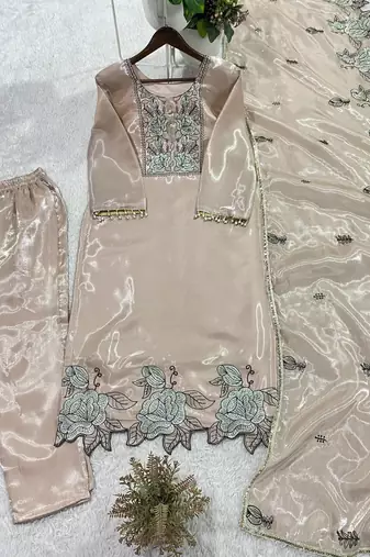 beige silk blend straight kurta set with thread work