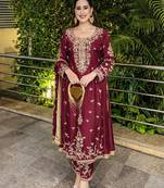 maroon silk blend embroidered kurta set
