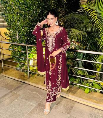 maroon silk blend kurta set with zardozi work
 2