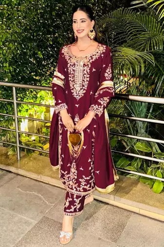 maroon silk blend kurta set with zardozi work