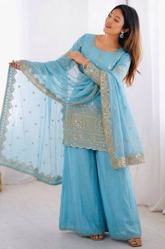 sky blue silk blend embroidered sharara set 