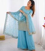 sky blue silk blend embroidered sharara set 