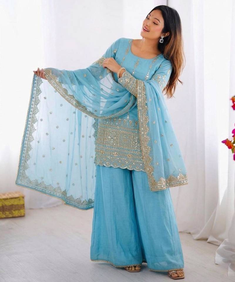 sky blue silk blend embroidered sharara set 