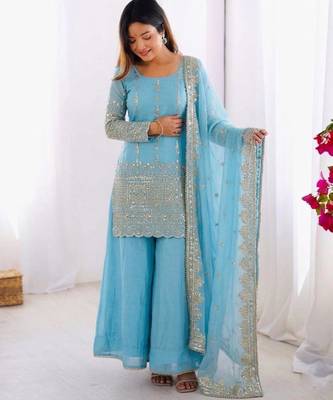sky blue silk blend sharara set with mirror work
 2