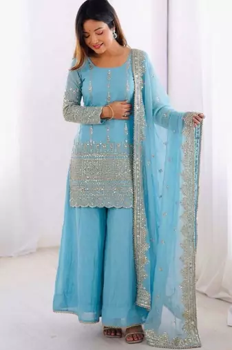 sky blue silk blend sharara set with mirror work