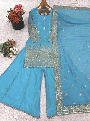 sky blue silk blend sharara set with mirror work
 3