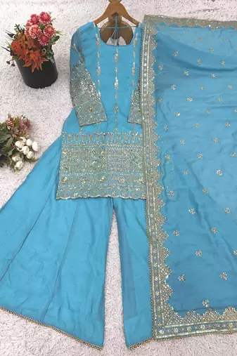 sky blue silk blend sharara set with mirror work
