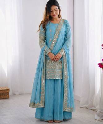 sky blue silk blend sharara set with mirror work
 4