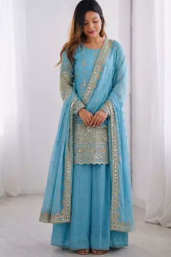 sky blue silk blend sharara set with mirror work