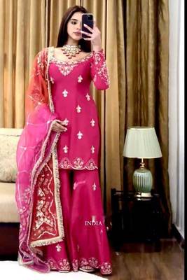 hot pink silk blend sharara set with gota work
 2