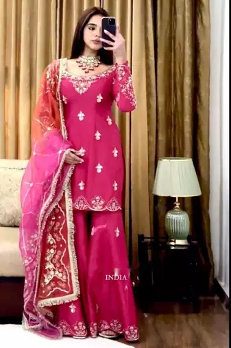 hot pink silk blend sharara set with gota work