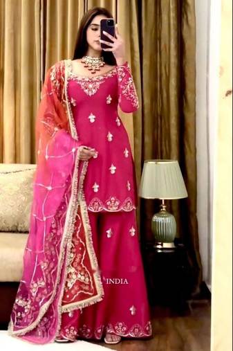 hot pink silk blend embroidered sharara set 