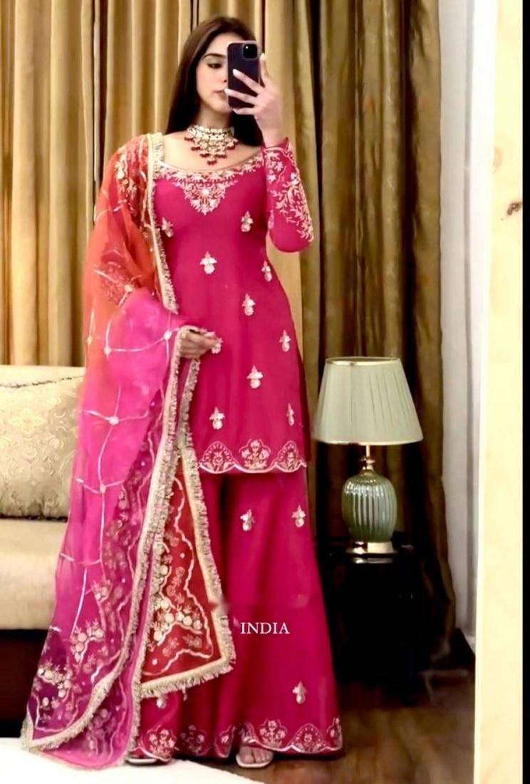 hot pink silk blend embroidered sharara set 
