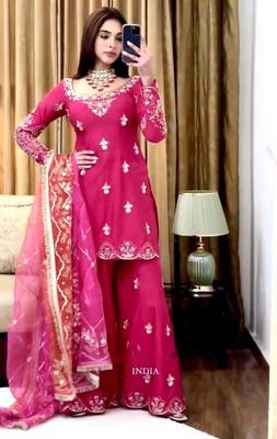hot pink silk blend sharara set with gota work
 3