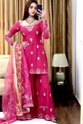 hot pink silk blend sharara set with gota work