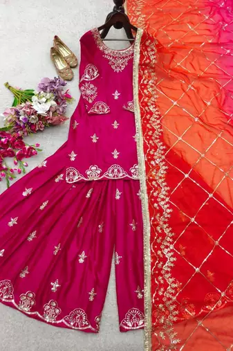 hot pink silk blend sharara set with gota work