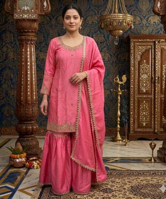 pink silk blend sharara set with gold embroidery
 1