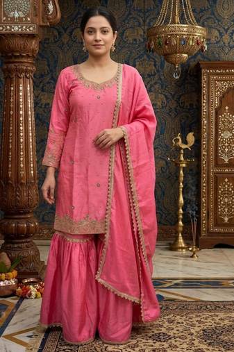 pink silk blend embroidered sharara set 