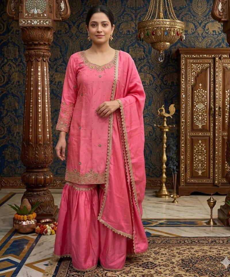 pink silk blend embroidered sharara set 