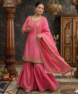 pink silk blend sharara set with gold embroidery
 2