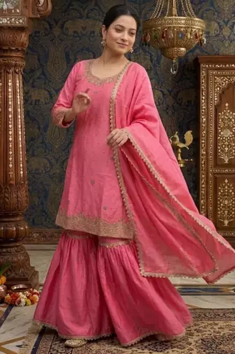 pink silk blend sharara set with gold embroidery