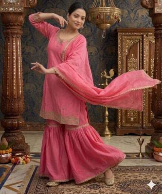 pink silk blend sharara set with gold embroidery
 3