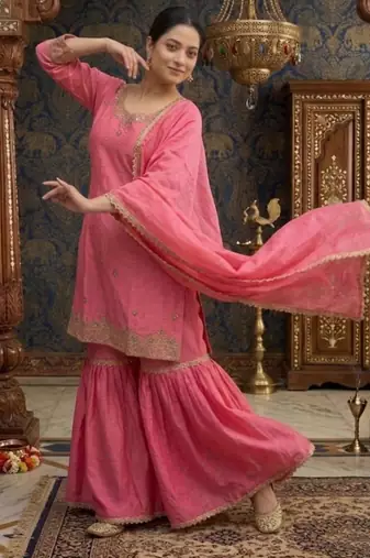 pink silk blend sharara set with gold embroidery