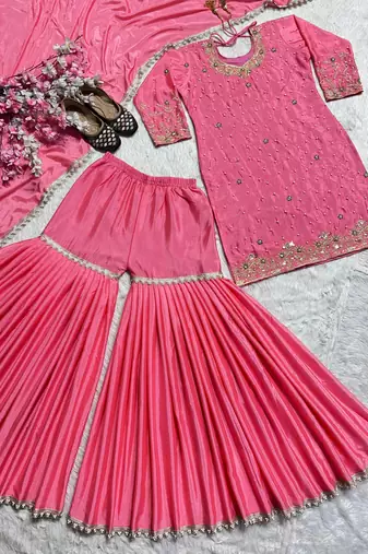 pink silk blend sharara set with gold embroidery