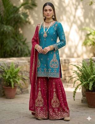 blue silk blend palazzo set with gold paisley work 1