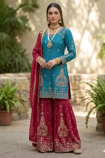 blue silk blend embroidered palazzo set