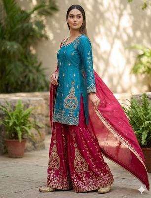 blue silk blend palazzo set with gold paisley work 2