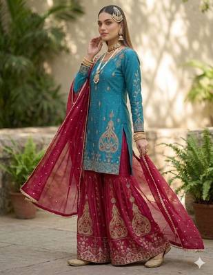 blue silk blend palazzo set with gold paisley work 4