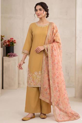 mustard silk blend embroidered farshi salwar set