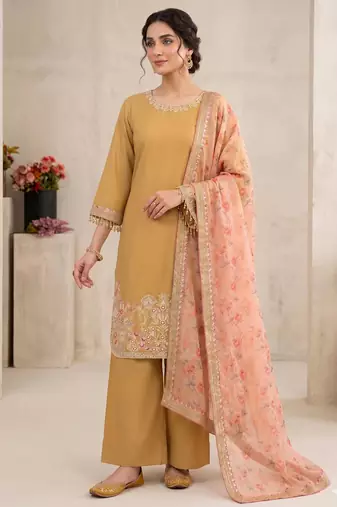 mustard silk blend embroidered farshi salwar set