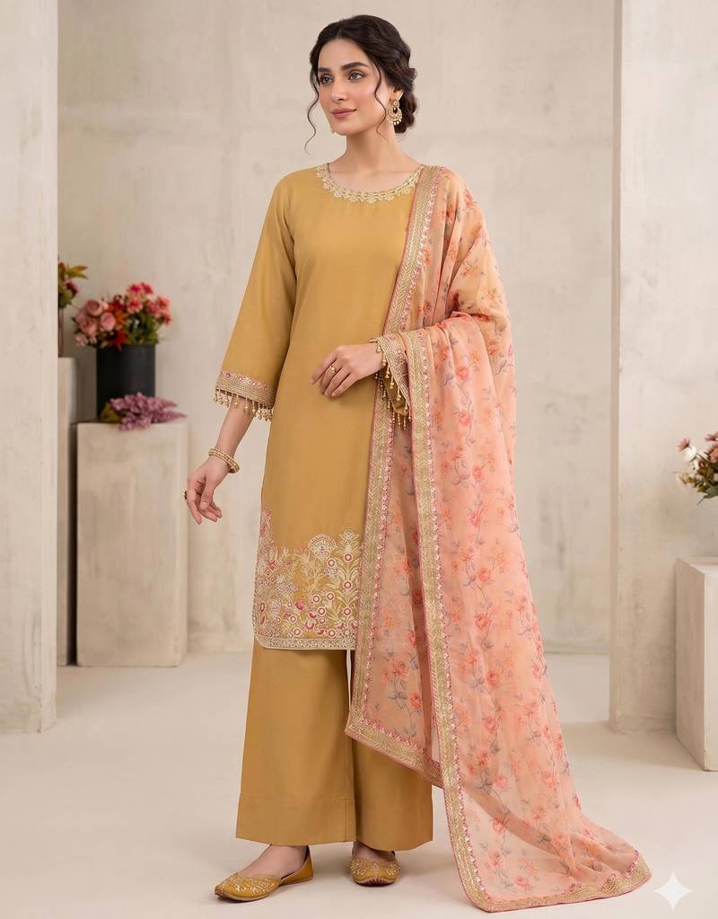 mustard silk blend embroidered farshi salwar set