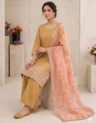 mustard silk blend farshi salwar set with thread work
 2