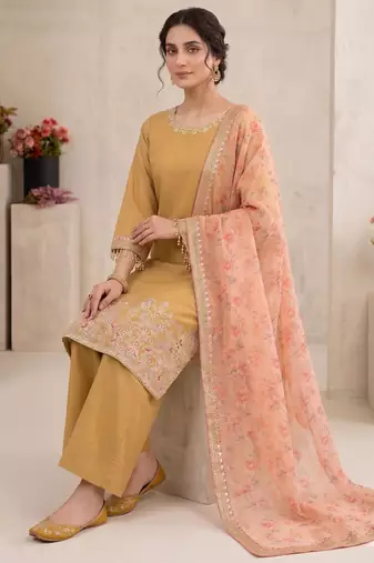 mustard silk blend farshi salwar set with thread work