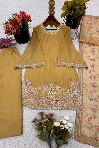 mustard silk blend farshi salwar set with thread work