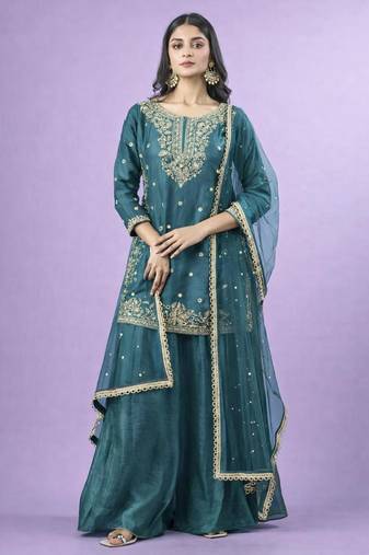 teal blue silk blend embroidered palazzo set