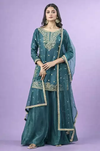 teal blue silk blend embroidered palazzo set