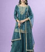 teal blue silk blend embroidered palazzo set