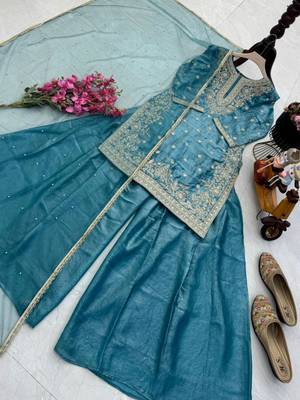 teal blue silk blend palazzo set with gold work
 3