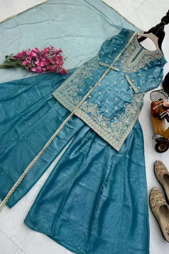 teal blue silk blend palazzo set with gold work