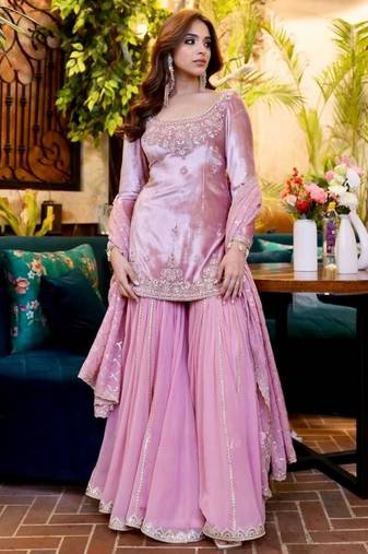 lavender organza embroidered sharara set 