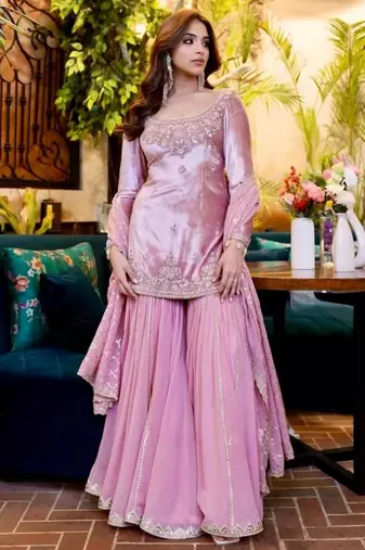 lavender organza embroidered sharara set 